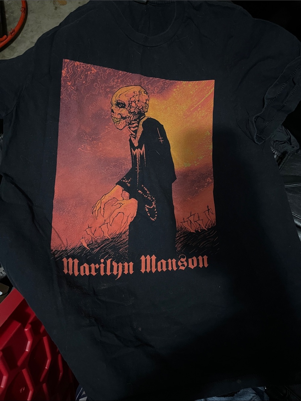 Black Graphic Band Tee - Black with Orange Print